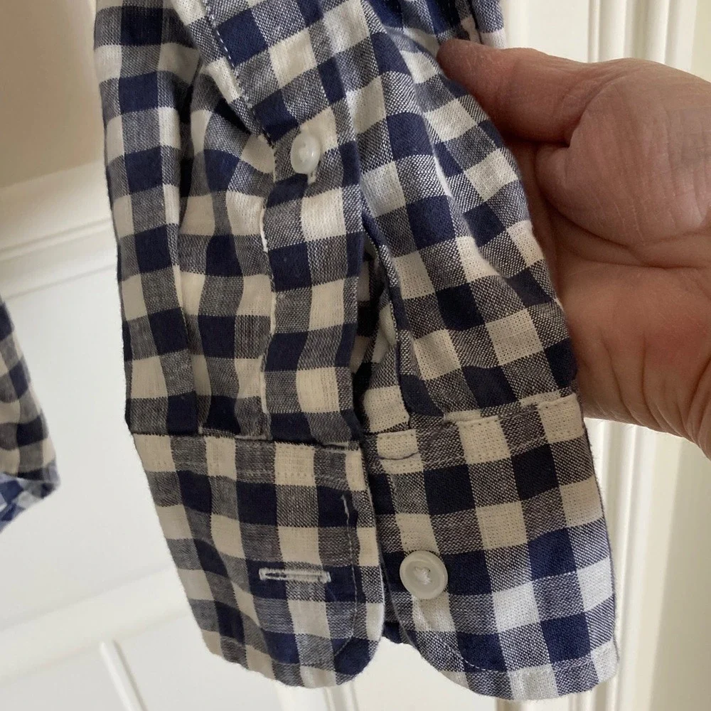 J. Crew Factory Men's Navy White Gingham Button-Down Shirt Size L Slim Linen Bld